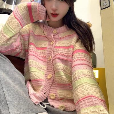Sweet Dopamine Rainbow Stripes Loose and Slim Sweater Knitted Cardigan O Neck Versatile Long Sleeve Cardigan Sweater Female Coat