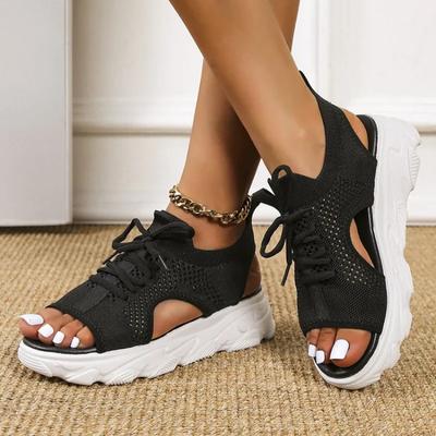 Letnie Damskie Sandały Codzienne Siateczkowe Przewiewne Buty Odkryte Palce Sznurowane Kliny Trampki Sandalias Zapatos Mujer