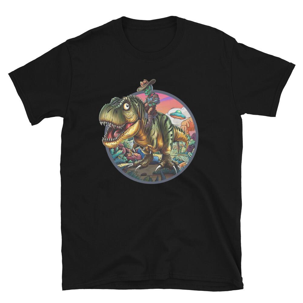 Funny Alien Riding Dinosaur T-Rex: Hilarious UFO T-Shirt Unisex T-Shirt XL