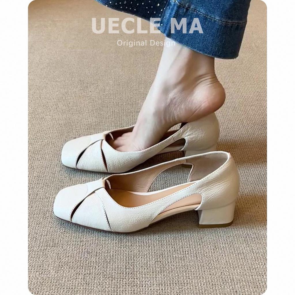 Schaffell Französisch Vierkantkopf Hohl Sandalen Damen Sommer Tragen Loch Schuhe Retro Flachmund Seite Luftatmungsaktiv Dicke Ferse Einzelne Schuhe