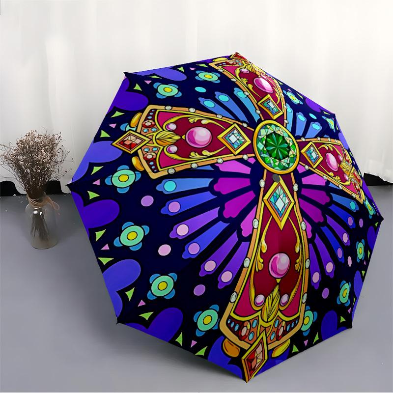 1pc Stained Glass Cross Automatic Open/Close Umbrella, Lightweight for Women/Men, Perfect Gift - for Everyday or Holiday Eventsyy251127098