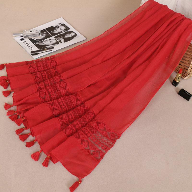 Premium Quality Cotton Hijab Scarf Women Hollow Out Lace Edge Tassels Long Shawl Muslim Soft Plain Headband Hijab Turban