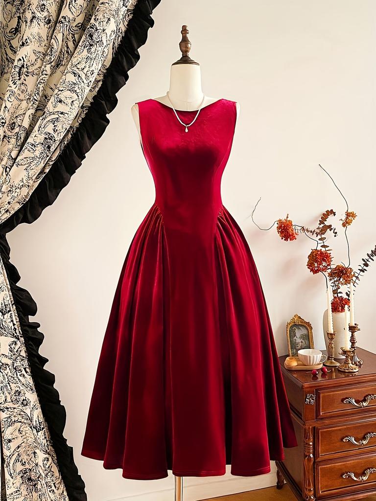 Christmas Exclusive Wine Red Velvet Waist Swing Dress, Retro Elegant Style, Velvet Texture Christmas Dinner Gift