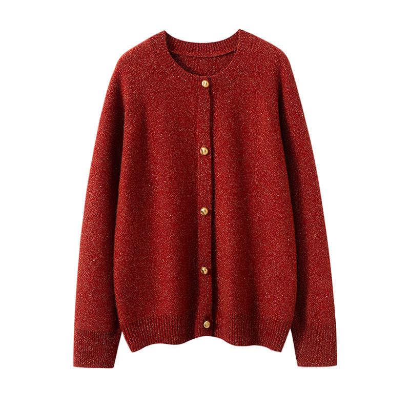 Women's Cashmere Cardigan: Thick, Round Neck, Raglan Sleeves, Versatile Knit for Autumn/Winter.