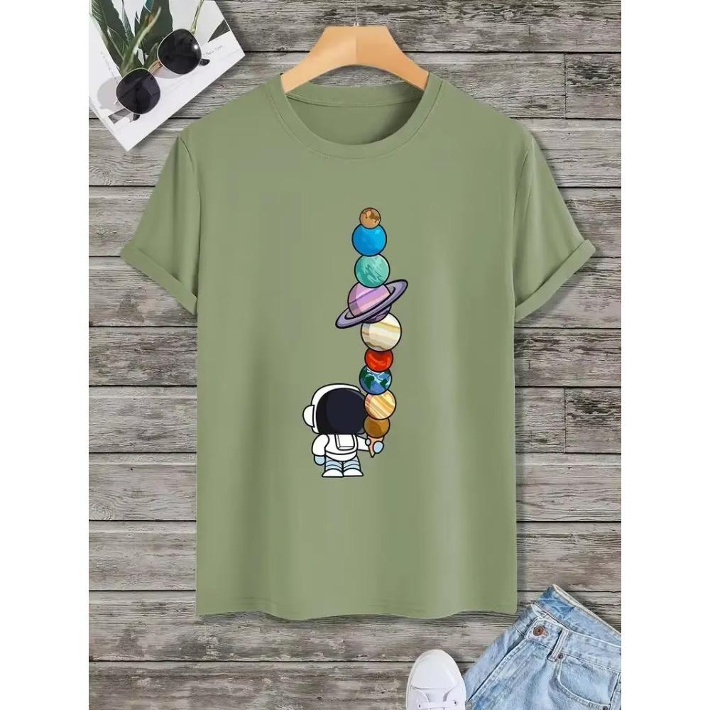 New Men's Cartoon Astronaut and Planet Print T-Shirt Best Selling Cotton Short Sleeve Top Bag Shipping