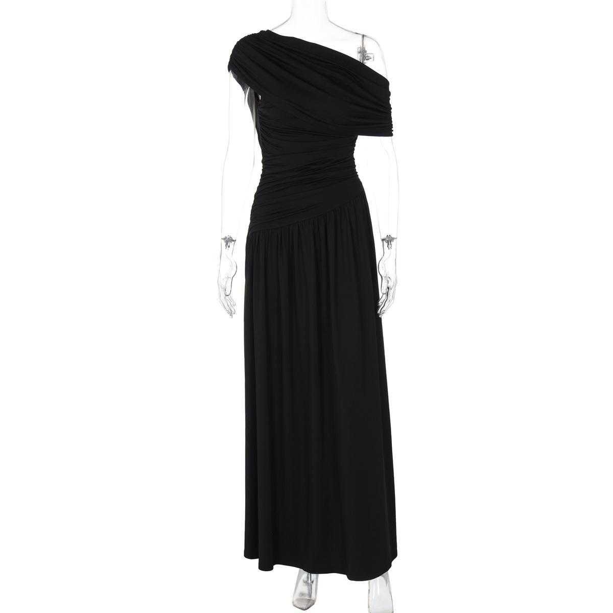 Women s One Shoulder Ruched Chiffon Maxi Dress Solid Sleeveless Draped Flowy Formal Evening Gown S