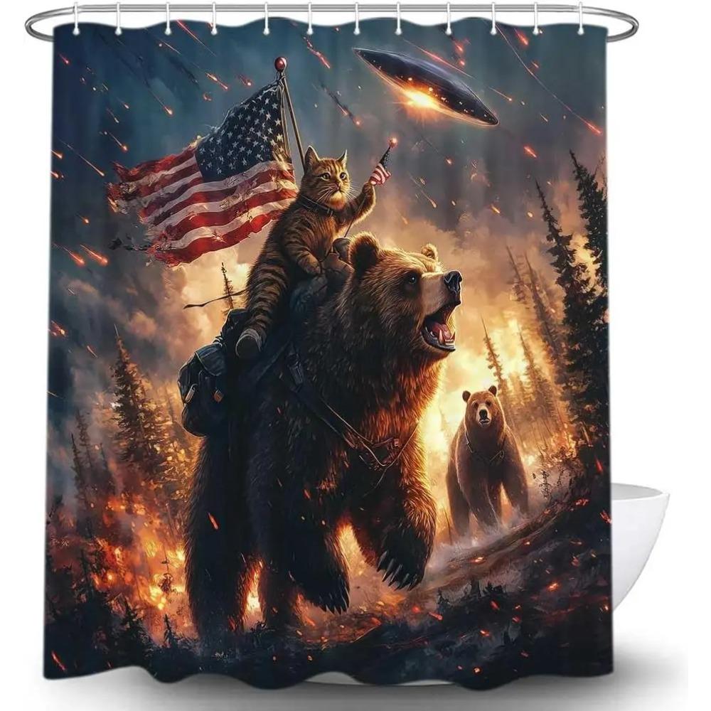 Funny Bear Printed Shower Curtain Cool Cat Riding Bear Forest Woodland Ufo For Bathroom Decor