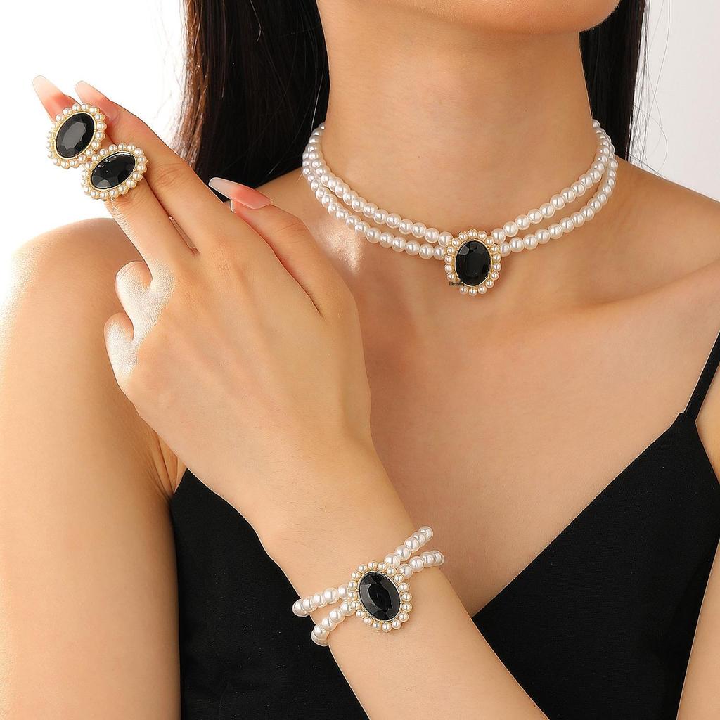Women's High-End European & American Jewelry Set: Double-Layer Pearl Choker, Clavicle Necklace, Bracelet & Earrings
