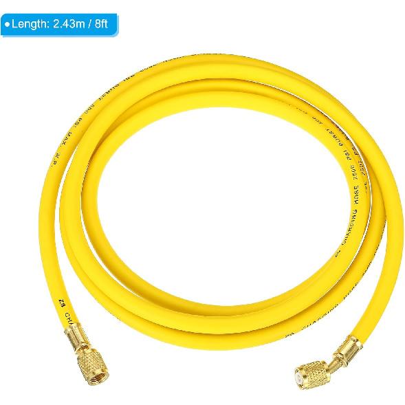 PATIKIL 1/4 SAE Wąż do ładowania czynnika chłodniczego, 8 stóp 500 PSI 2500 PSI Wąż z manometrem kolektorowym z adapterami AC do klimatyzacji HVAC Chłodnictwa, Żółty