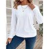 Button Embellished Eyelet Long Sleeve T-Shirt, Casual Solid Crew Neck Top, Spring/Autumn, Women's