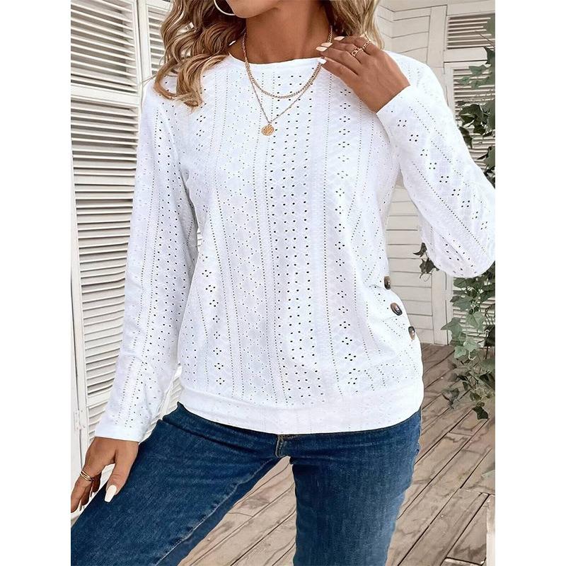 Button Embellished Eyelet Long Sleeve T-Shirt, Casual Solid Crew Neck Top, Spring/Autumn, Women's