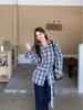 Women's Retro Korean Blue Plaid Tie-Waist Shirt - Long-Sleeve Top for Spring/Autumn 2026