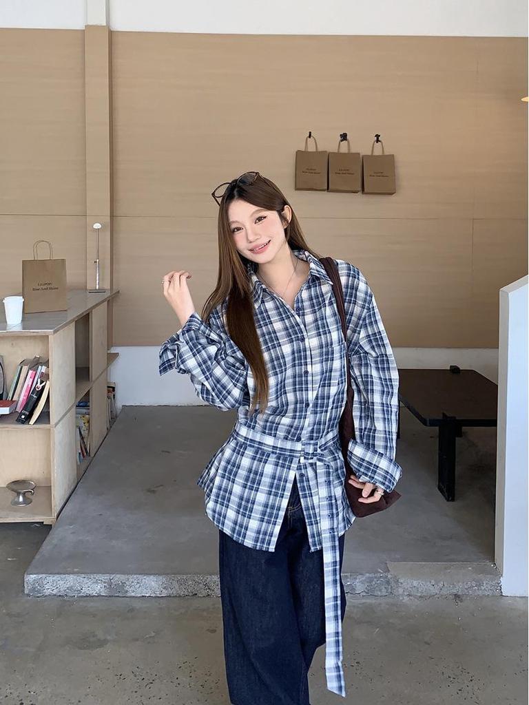 Women's Retro Korean Blue Plaid Tie-Waist Shirt - Long-Sleeve Top for Spring/Autumn 2026