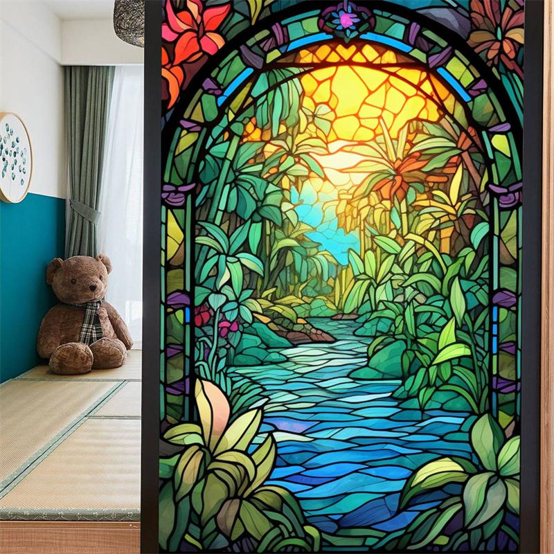 Gebeizte bunte tropische Pflanzenblumen, Ozean-Sonnenaufgang, Fensterglas, statische Aufkleber, entfernbare dekorative PVC-Folie für das Home Office