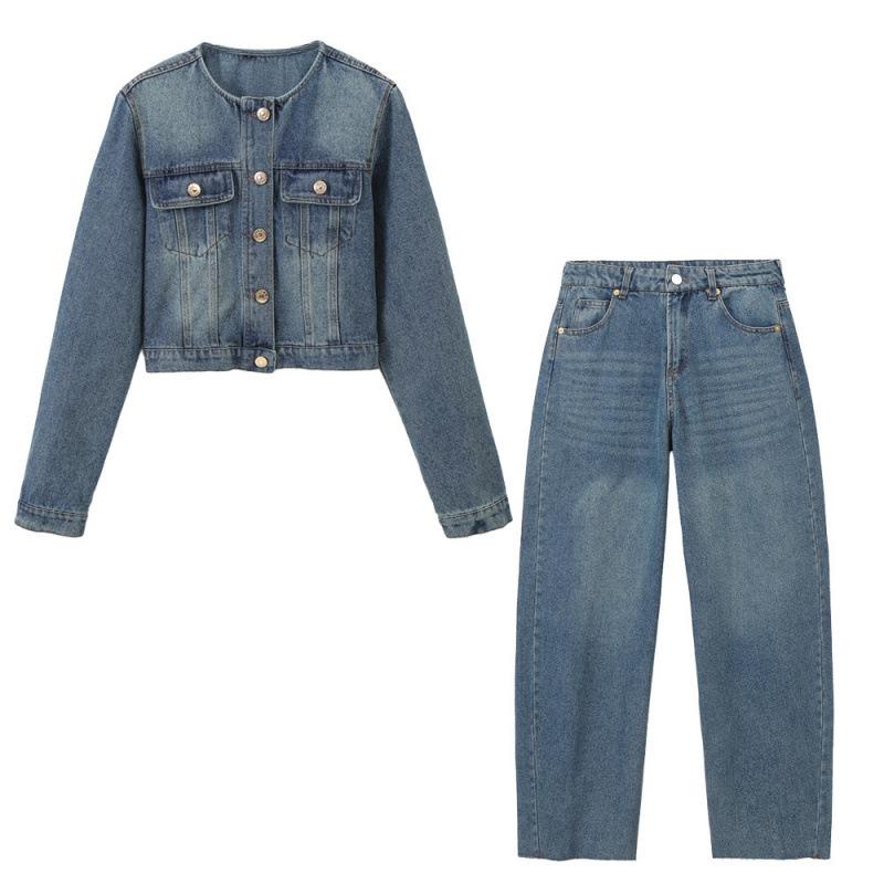 

American Retro Style Crew Neck Denim Jacket & Low Waist Jeans Set XS