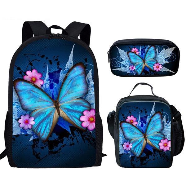Trendig Beliebt Neuheit Lustig Schmetterling 3D-Druck 3 Stück/Set Schüler Schultaschen Laptop Tagesrucksack Rucksack Lunchtasche Federmäppchen