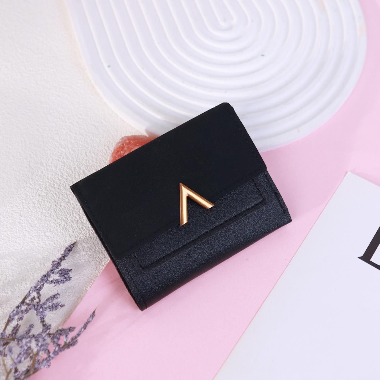 

New Style Tri-fold Ladies Wallet - V-shaped Retro Card Holder, Frosted PU Leather, Simple Student Money Clip чёрный