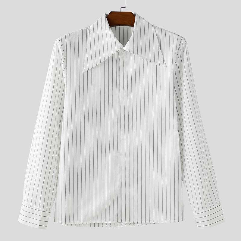 

INCERUN Oversized Men Casual Long Sleeve Lapel Striped Print Shirts XL белый