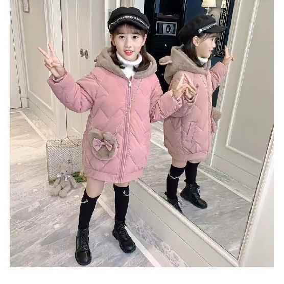 Girls Winter Fashion Cotton Jacket For Children Mid-Length Coat Girl Cotton Padded Jacket With Bag