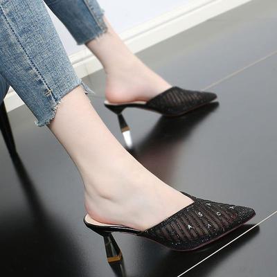 2025 Spring New Fashion Sequin Women Slippers Pointed Toe Slip On Ladies Mules Thin Low Heel Outdoor Dress Sandals Shoes WSH5077