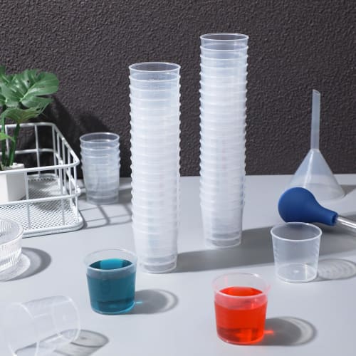 Ledmomo 50-Piece 30ml Plastic Heat-Resistant Measuring Cup, Small, Clear, Disposable Measuring Cup, Durable, Mini, Small Volume, Liquid Measurement, L