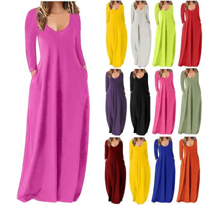 Damen Casual Loose Solid Color Langes Kleid Sexy tiefes V-Ausschnitt Langarmkleid