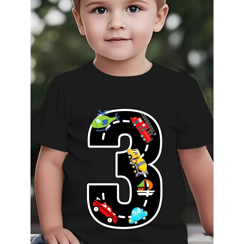 Boys Number 3 Car Helicopter Ship Cartoon Print Crewneck Short Sleeve Tee