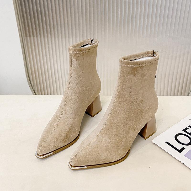 Short boots women's new autumn and winter 2025 suede pointed rear zipper inner height increase short thick heel bare boots women's boots