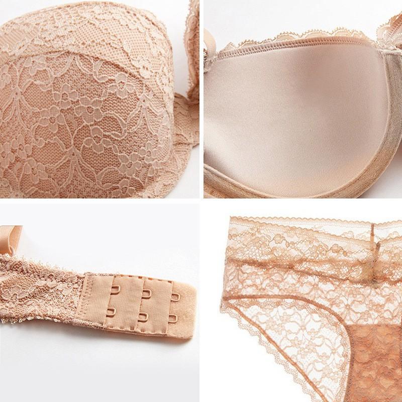 Womens Lace Push-Up Bra Set With Underwire Thin Molded Cup 3/4 Coverage Comfortable Breathable Small Bust
