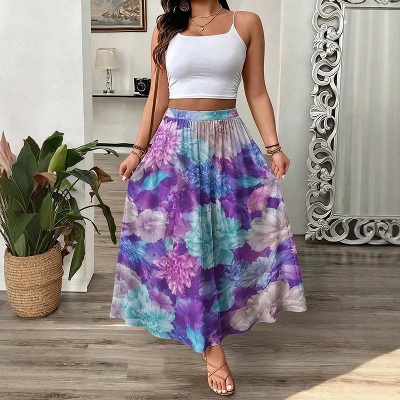 Vintage Floral Maxi Skirt Women High Waist A-Line Boho Resort Flowy Long Skirt