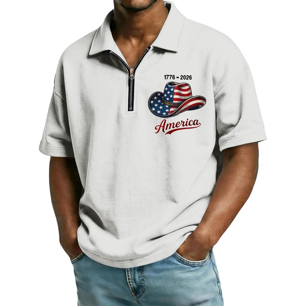 Men's Casual Loose Fit Polo Shirt with Flag and Lettering Print Half Zip Collar Short Sleeve Top for Everyday Wear