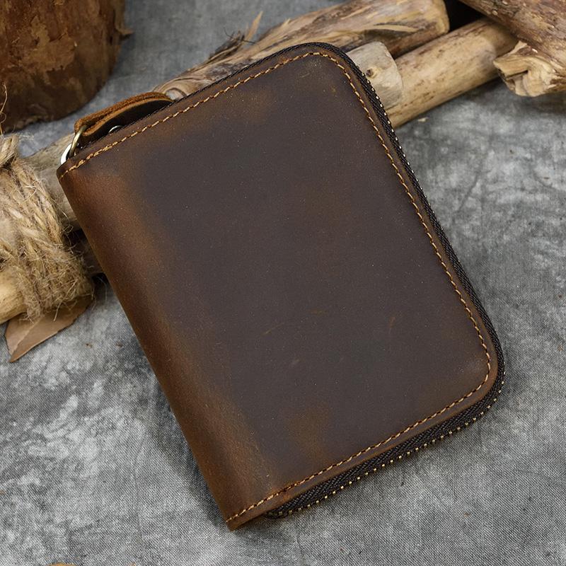 2026 New Short Wallet Men Women Vintage Fashion Card Holder Zipper Coin Purse Crazy Horse Leather Mens Slim Zipper Purse Wallet