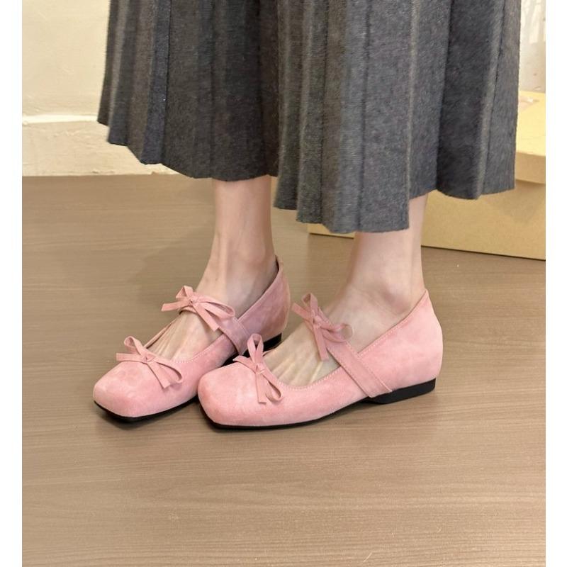 2025 Spring and Autumn New Elegant Style Mary Jane Purple Suede Double Bow Fashion Single Shoes Square Toe Height Increase