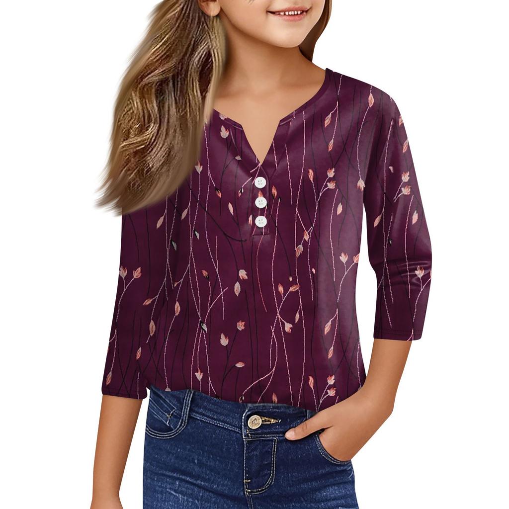 Mädchen Lässige Mode Oberteile Bedrucktes Sieben-Ärmel T-Shirt mit Knöpfen