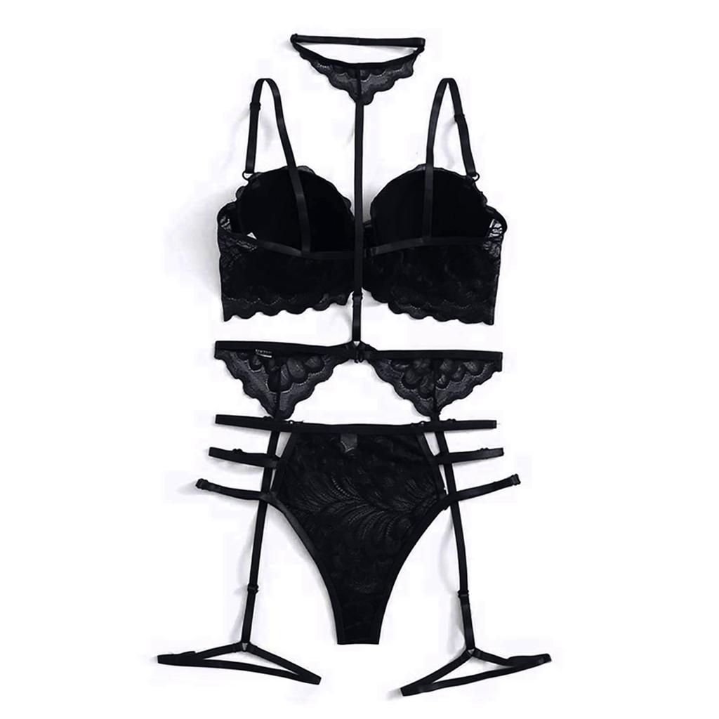 Women Lingerie Set Fashionable Elegant Lace Bra Panty Garter Belt Set Sleepwear for Wedding Night Black L