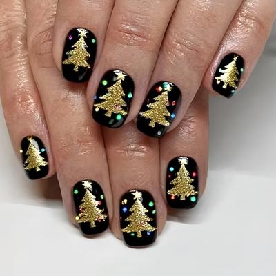 Gold Foil Artificial Fingernails Christmas Tree Artificial Nail Tips Rectangular Press On Nail Tips 24Pcs