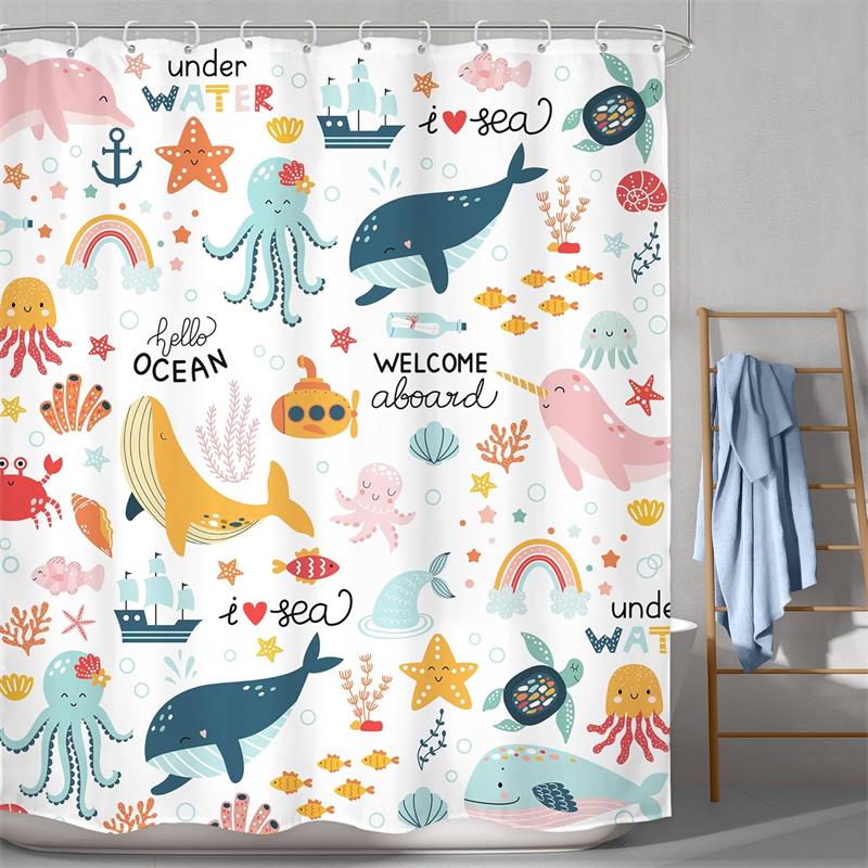 Funny Bathing Cat Dog Cartoon Shower Curtains Dolphin Octopus Sea Turtle Starfish Ocean Animals Bath Curtain Kids Bathroom Decor