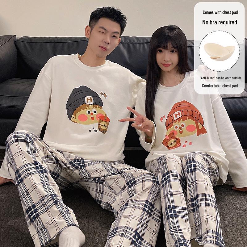 "Women's & Men's Cartoon Pajama Set with Chest Pads – Korean Style Long-Sleeve Home Wear for Autumn & Winter"