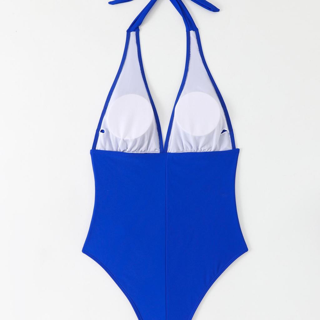 Sexy V Neck Halter Lace Up Pleated Slim Waist Bikini Swimsuit For Beach