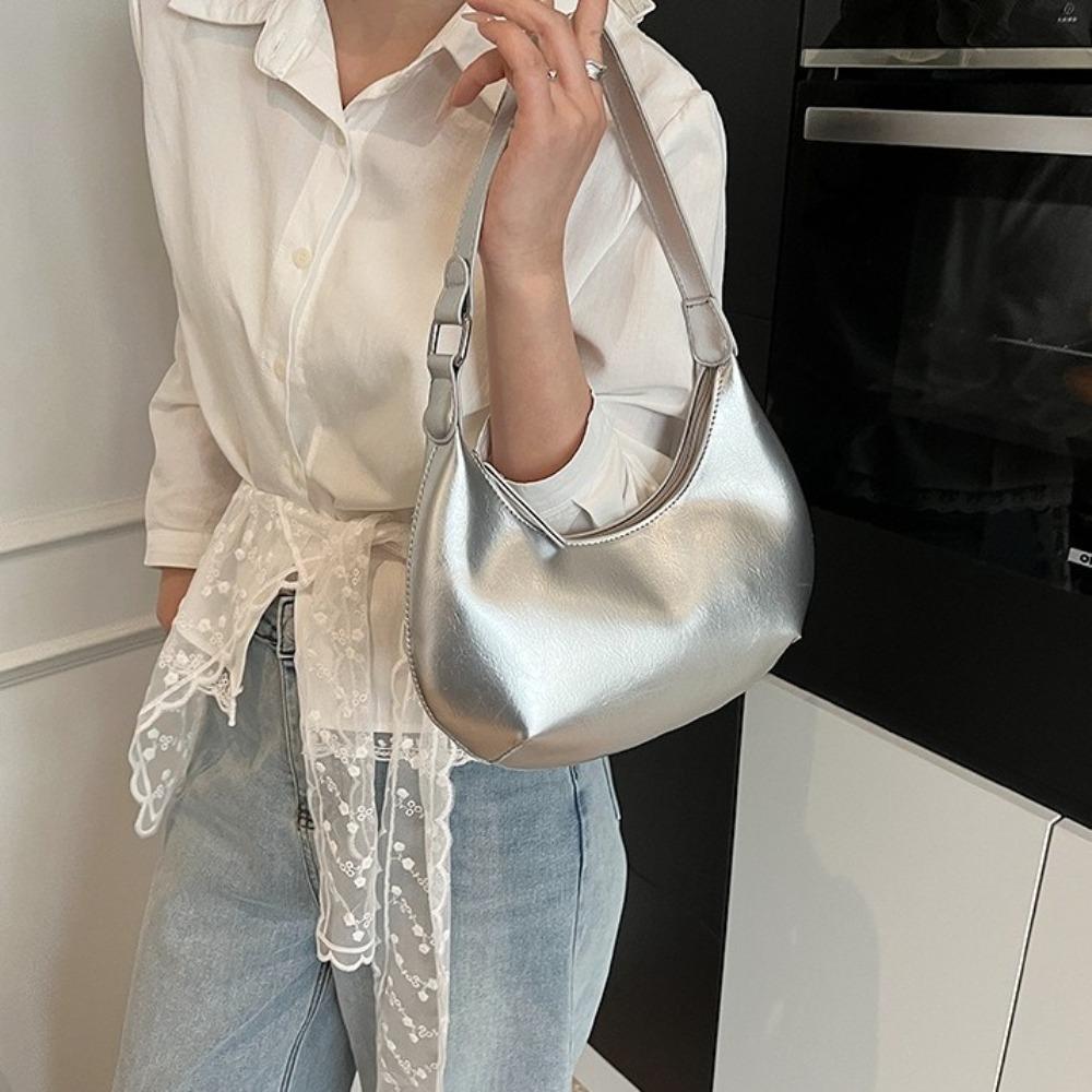 Candy Color Moon Underarm Bag Solid Color Women's Hobo Bag Casual Pu Leather Shoulder Bag  Girl