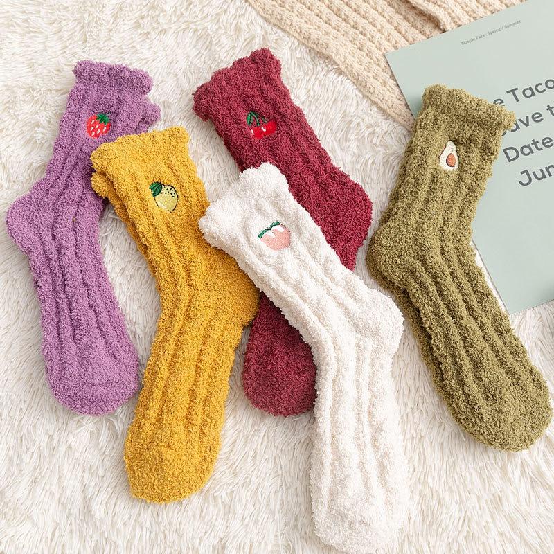 

Avocado Coral Fleece Socks Women s Long Tube Thickened Autumn and Winter Sleeping Floor Socks Adult Mid Tube Socks