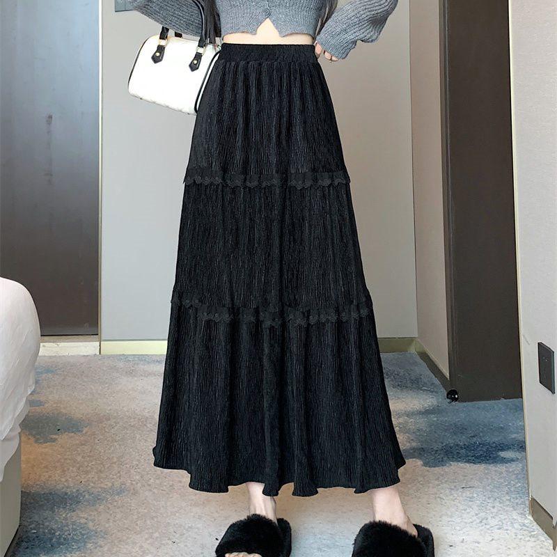 Women's Spring/Summer Lace Corduroy Pleated Midi Skirt