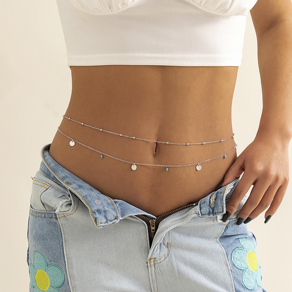 Simple tassel sequined double chain casual pants chain hip hop body chain, fashionable retro turquoise waist chain серебряный