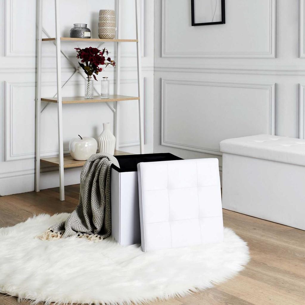 Vels FOLDABLE POUFFE, ECO LEATHER, White, with Storage Compartment