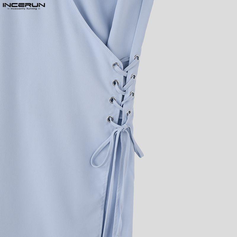 INCERUN Mens Vintage Sleeveless Long Vest V Neck Side Lace Up Casual High Split Tunic Top Robe