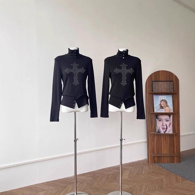 Punk-Inspired Retro Rhinestone Print High Neck Long Sleeve Frayed Hem T-shirt for Women - Autumn Slim Fit Base Layer S чёрный