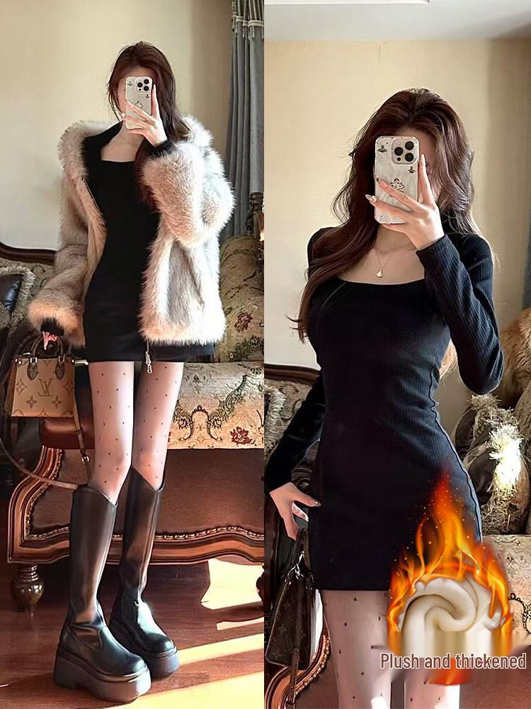 Women's Black Slim-Fit Dress with Coat - 2026 Autumn/Winter High-End Cinched Waist Little Black Dress