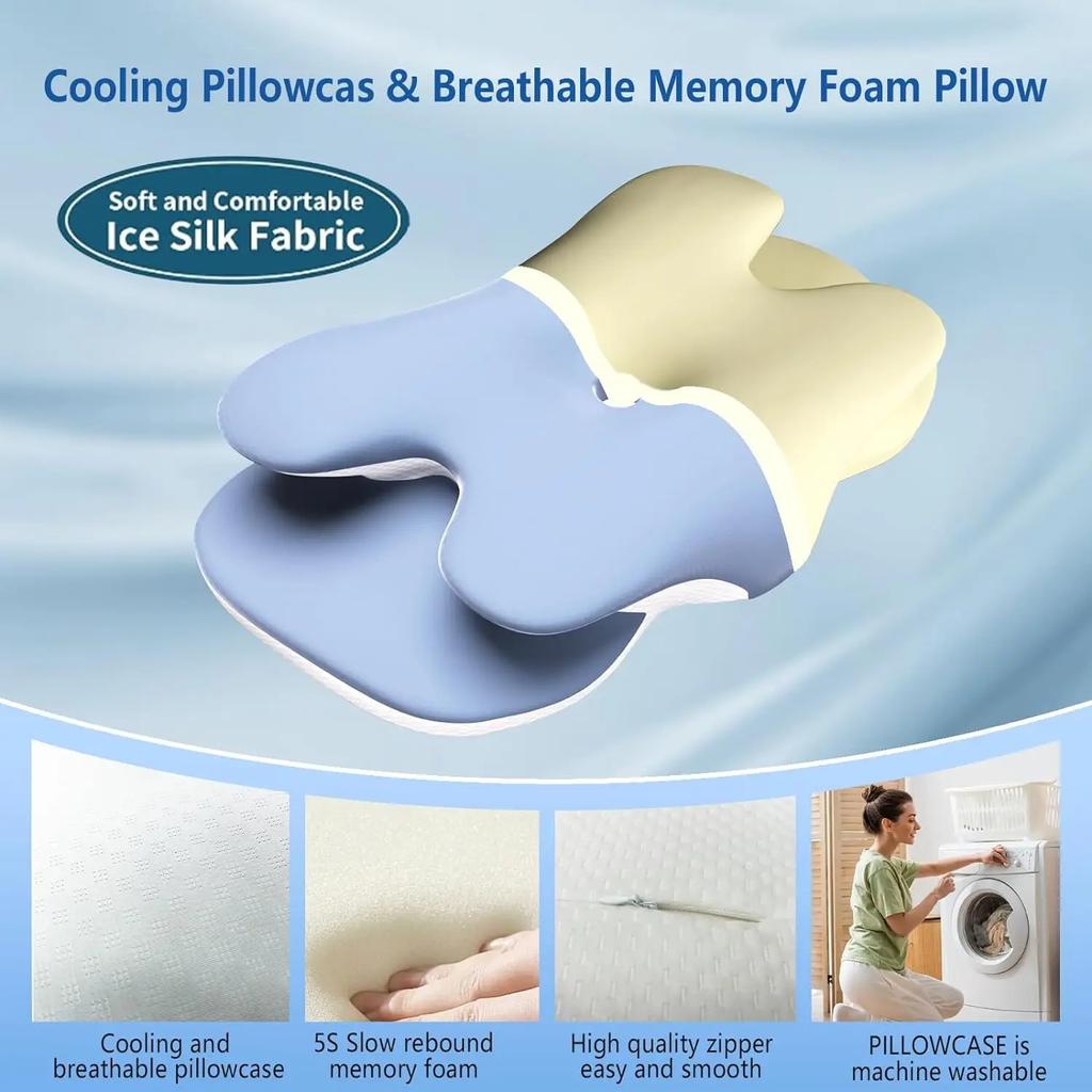 Ergonomic Cervical Pillow Memory Foam Pillow Neck Pain Relief Comes With Ice Silk Pillowcase Adjustable  For Back Side Sleepers
