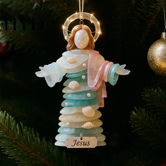 Religious Christmas Decor Sea Glass Jesus Ornament Handmade Hanging Decoration Christian Holiday Coastal Nativity Tree for
