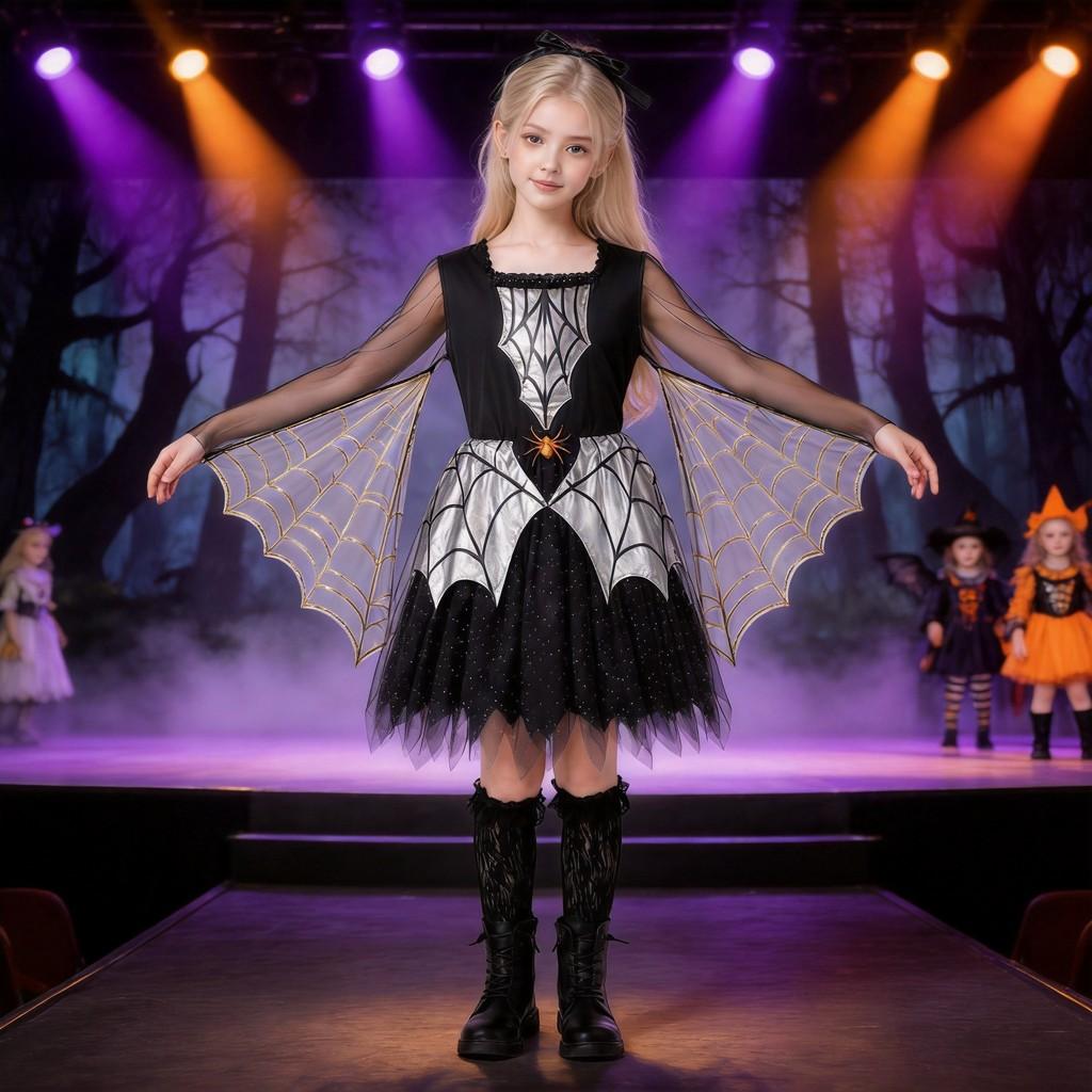Halloween Spider Costume For Kids With Knit Fabric And Web Cloak For Stage Performance